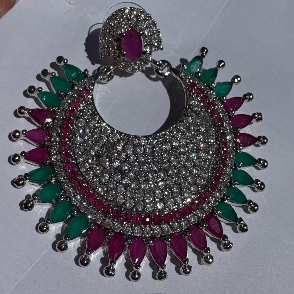Elegant Silver-Tone Hoop Earrings with Pink and Green Stones